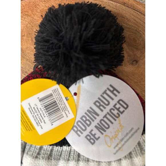 Utah Pom-Pom Knit Beanie Hat By Robin Ruth - Red & Black Ribbed Winter Cap - Picture 4 of 6